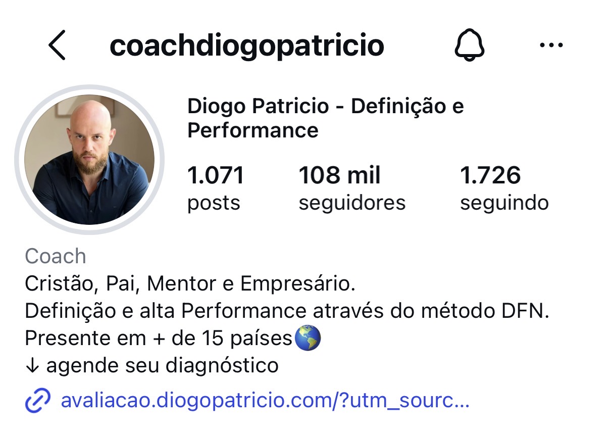 Perfil no Instagram @coachdiogopatricio com 108 mil seguidores